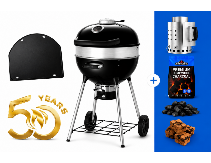 Grill węglowy 22" PRO Charcoal Kettle czarny + płyta żeliwna + zestaw (komin do rozpalania #67802, węgiel drzewny 3 kg #67107, podpałka 100 szt. #67052)
